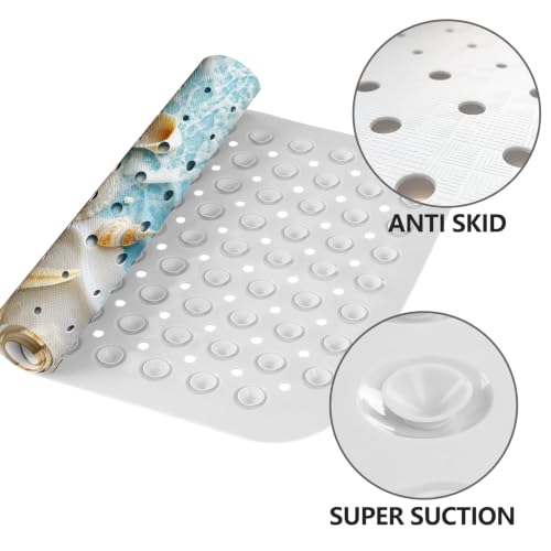 LNOND Summer Beach Bathtub Mat Non Slip, 40 X 16 Inch Tub Mat for Bathroom, Starfish and Seashells Bath Tub Shower Mat with Drain Holes and Suction Cups - color: Starfish and Seashells Bathtub Mat