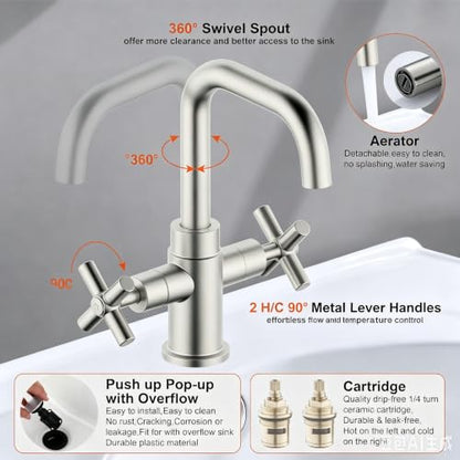 Bathroom Sink Faucet, 4 Inch Single Hole or 3 Hole Centerset Vanity Faucet, 2-Handle Handle Single Hole Bahroom Sink Faucet, Pop Up Drain Oil Rubbed Bronze Finish DF-1265CCH-ORB - color: Brushed Nickel