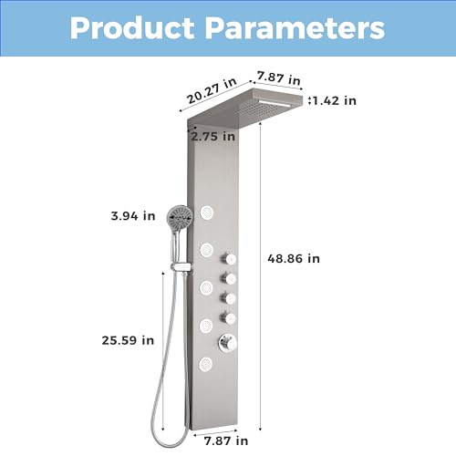 DELAVIN Stainless Steel Shower Tower, Multi Function Shower Panel Tower | Rainfall Waterfal, Full Body Shower System with Body Jets and Handheld Shower, Brushed Nickel, Solution for Rental Properties - style: 5 Body Jets