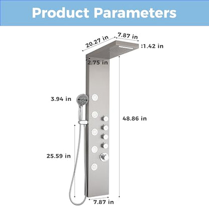 DELAVIN Stainless Steel Shower Tower, Multi Function Shower Panel Tower | Rainfall Waterfal, Full Body Shower System with Body Jets and Handheld Shower, Brushed Nickel, Solution for Rental Properties - style: 5 Body Jets