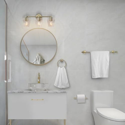 GLOBE Electric 63000063 5-Piece All-in-One Bathroom Set, Matte Brass Finish, 3-Light Vanity Light, Glass Shades, Towel Bar, Toilet Paper Holder, Towel Ring, Robe Hook, Bathroom Lights Over Mirror - color: Brass