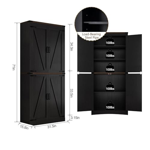 Hlivelood 71" Tall Kitchen Pantry,Farmhouse Storage Cabinet with Adjustable Shelves,Load-Bearing Steel Pipe,Farmhouse Pantry Cabinet with 4 Barn Doors,for Kitchen,Dining Room,Living Room(Black) - color: Black