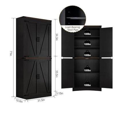Hlivelood 71" Tall Kitchen Pantry,Farmhouse Storage Cabinet with Adjustable Shelves,Load-Bearing Steel Pipe,Farmhouse Pantry Cabinet with 4 Barn Doors,for Kitchen,Dining Room,Living Room(Black) - color: Black