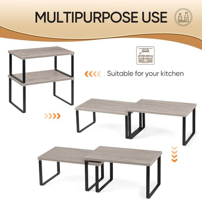 NEX Kitchen Cabinet and Counter Shelf Organizer, Shelf Riser for Pantry Countertop Cupboard Desk Top, Stackable & Expandable, Set of 4, Black and Greige | Stackable & Expandable Spice Rack, Space-Saving Pantry Organizers Bathroom Countertop Storage, Black