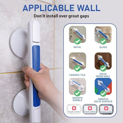 2pack 12inch Shower Grab Bar with Large Suction Cups, No Drill Bathroom Safety Handle, Non Slip ABS Grip Support Bar for Seniors, Elderly, Shower and Bathtub(Blue) - color: Blue