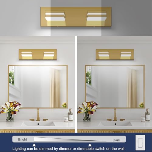 SineRise LED Modern Bathroom Vanity Light Fixtures, Modern Acrylic Bathroom Wall Lighting Fixtures Over Mirror, 2-Light, 15.5-Inch, Brass, 100%-0% White - color: Brass, 100%-0% White, size: 2-Light, 15.5-Inch