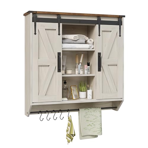 Trironsun Farmhouse Medicine Cabinet 2 Sliding Barn Doors 3 Tier Rustic Wood Wall Storage Cabinet Adjustable Shelf Towel Bar Wall Mounted Bathroom Wall Cabinet (Antique White, 30.71 Inch) - color: Antique White