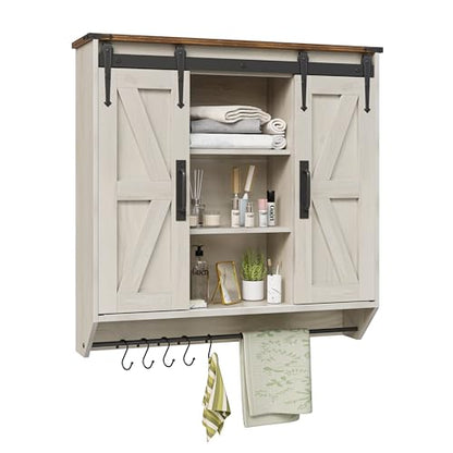 Trironsun Farmhouse Medicine Cabinet 2 Sliding Barn Doors 3 Tier Rustic Wood Wall Storage Cabinet Adjustable Shelf Towel Bar Wall Mounted Bathroom Wall Cabinet (Antique White, 30.71 Inch) - color: Antique White