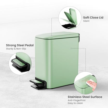 Cesun Small Bathroom Trash Can with Lid, 1.6 Gal, Soft Close, Sage Green | Step pedal soft close, Slim 5.9in fits narrow spaces, Stainless steel, Anti-fingerprint, Removable inner bucket, Odor seal - color: Sage Green