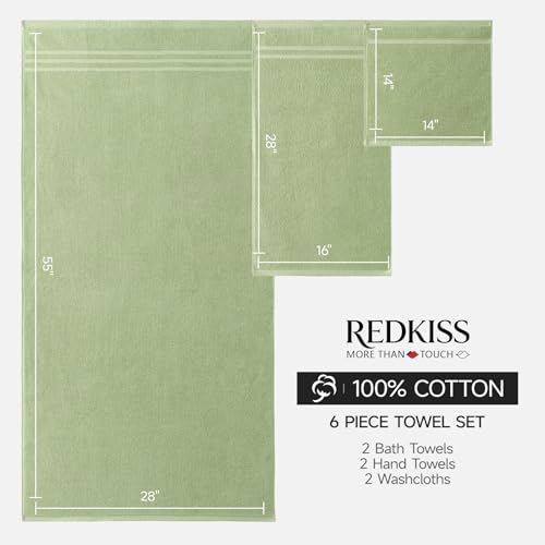 REDKISS Sage Towels Set 6 Piece Cotton Towel Sets with 2 Bath Towels, 2 Hand, 2 Washcloths, 650GSM Hotel Quality, Soft, Highly Absorbent Towels for Bathroom Gym, Ideal Everyday Use - color: Sage Green