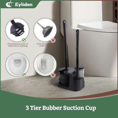 Eyliden Toilet Brush and Plunger Set, Disposable Wand Kit with 10 Refills | Pre-Soaked Concentrated Cleaner Sponge, Touch-Free, 2-in-1 Compact Holder, Powerful Suction Cup, Bathroom Cleaning System - color: Black