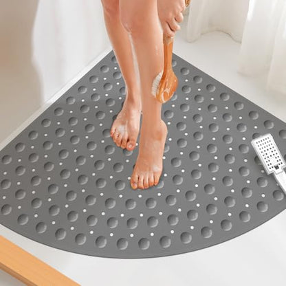 Yolife Large Corner Shower Mat, 25.6" x 25.6" Non Slip Shower mats for Inside Shower, Shower Mat with Drain Hole, Machine Washable Shower Floor Mat, Bathtub Mat Non Slip with Suction Cups, Grey