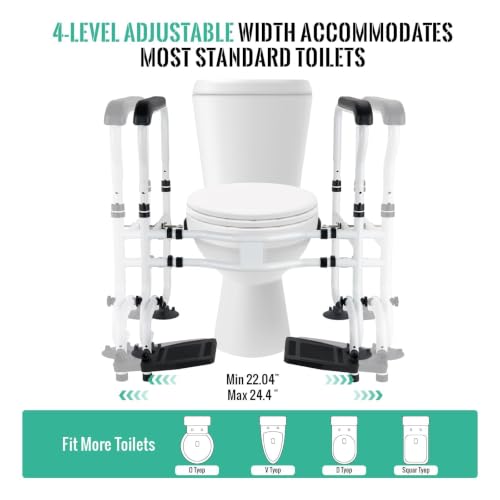 Toilet Safety Rails with Footrests, Adjustable Height & Width, Foldable Heavy Duty Toilet Safety Frame with Handles, Supports 500 lbs, Fits Most Standard Toilets-Suit for Elderly, Seniors & Disabled