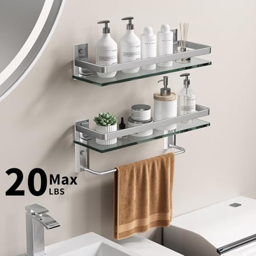Bathroom Shelves Wall Mounted, Clear Tempered Glass Shelf with Towel Bar, Hand Towel Holder(Matte Silver) - color: Silver, size: Combo Set