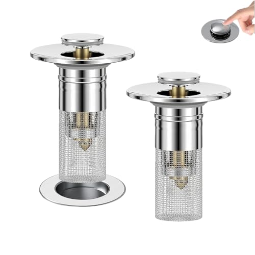 2PCS Bathroom Sink Drain Strainer, Pop-up Stopper Hair Catcher with Stainless Steel Filter Basket, Universal Replacement Drain Plug for Bathroom Sinks