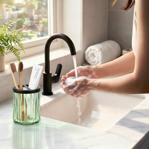 8oz Toothbrush Holders for Bathrooms, Green Striped Toothbrush Cup, Green | Bathroom Tumbler and Mouthwash Cup with Black Divider, Tooth Brush and Toothpaste Organizer for Countertop - color: Green
