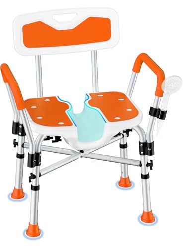 FSA/HSA Heavy Duty Shower Chair for Inside Shower, 500LBS Shower Chair with Arms Back, Padded Bath Seat with U-Shaped Cutout, Anti-Slip Adjustable Bath Stool for Seniors, Handicap, Pregnant, Orange