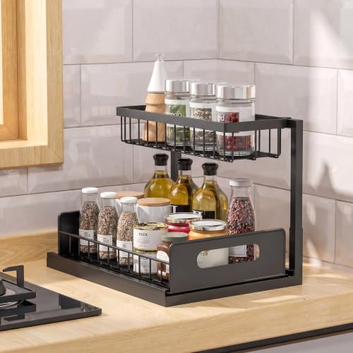 L-Shaped Under Sink Organizer, Black | 2-Tier, Slide Out Cabinet Storage, Solid Metal Handles - color: Black/White