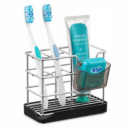 HBlife Toothbrush Holders for Bathrooms Silver, Small Stainless Steel Bathroom Toothbrush Holder with Tray, Bathroom Accessories and Apartment Essentials - color: Silver