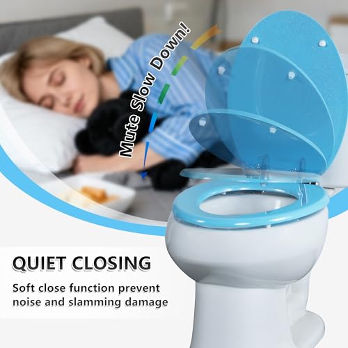 Angol Shiold Glitter Toilet Seat Molded Wood Elongated Toilet Seat with Quietly Close and Quick Release Hinges, Easy to Clean also Easy to Install (Elongated 18.5'', Blue) - color: Blue, size: Elongated 18.5‘’