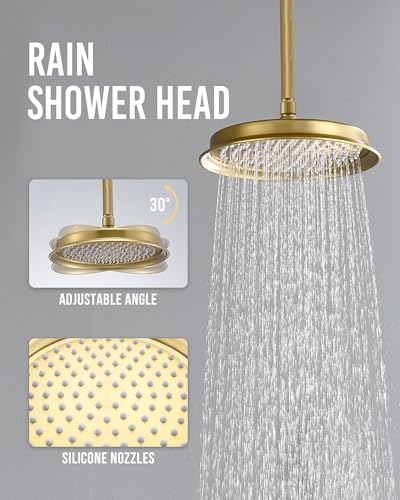 DASAN Antique Dual Shower Head Faucet Set, Brushed Gold Dual Rain Shower Head System Complete Double Head Shower Fixture Combo, 9'' & 6'' Dual Rainfall Overhead Shower with Handheld, Valve & Trim - color: Brushed Gold