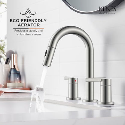Brushed Nickel Pull Down Widespread Bathroom Faucet 2 Handle 3 Hole | Pull Out Bathroom Faucet with Pop Up Drain & Supply Lines, Lead-Free cUPC & NSF Certified, 8 Inch Faucet for Vanity RV Sink - color: Brushed Nickel
