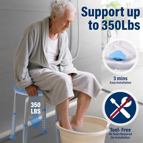 Shower Chair for Inside Shower, Adjustable Height (13.75"-20.5"), 360° Swivel Bath Chair for Elderly and Disabled, Anti-Slip Feet, Supports 350lbs, Tool-Free Assembly