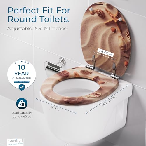 SANILO Wooden Toilet Seat with Soft Close [ROUND] - Decorative, Quiet & Slow Close Molded Wood Seat - With Strong Bumpers & Hinges - Adjustable Fit – Sanibel - color: Sanibel