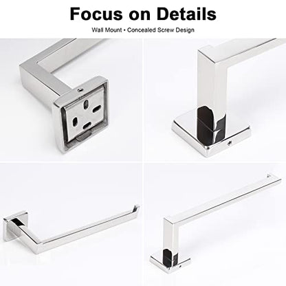 NearMoon Square Hand Towel Holder+ Square Toilet Paper Holder, Premium SUS304 Stainless Steel Rustproof Wall Mounted Towel Ring and Toilet Roll Holder for Bathroom, Kitchen, Washroom, Chrome Finish