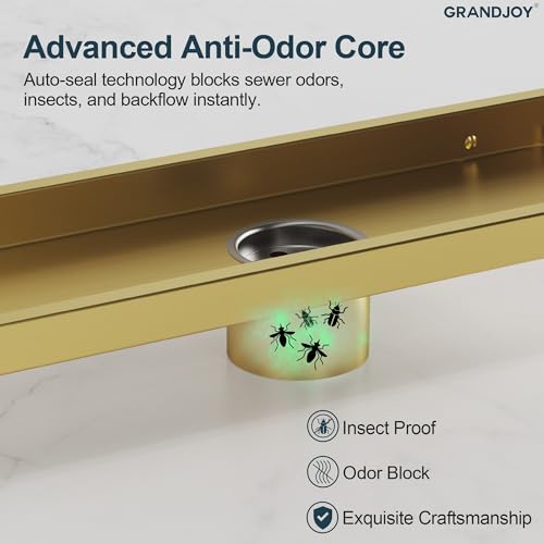 12-Inch Linear Shower Drain, Brushed Gold SUS304 Stainless Steel with 2-in-1 Tile Insert Cover & Flat Grate, High Flow Floor Drainer with Hair Strainer, Adjustable Feet - color: Brushed Gold, size: 12