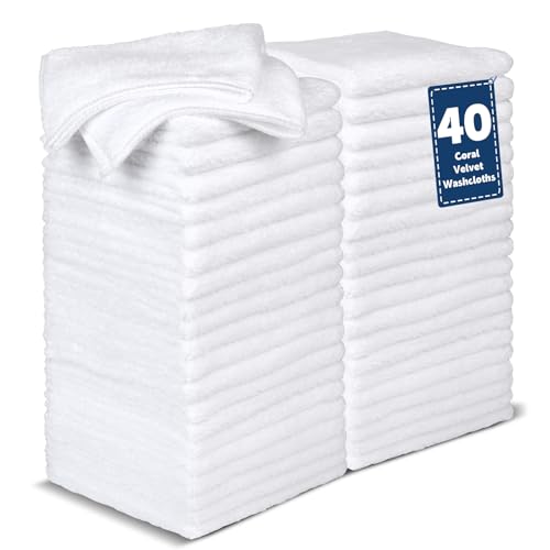 TEAWOO 40 Pack White Coral Velvet Washcloths Bulk, Highly Absorbent and Soft Face Towels, Multi-Purpose Wash Cloths & Hand Towels for Bathroom, Hotel, Spa and Gym, 12 x 12 inches - color: White, size: 40 PACK