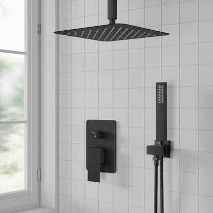 ESNBIA Shower System Black, All Metal Ceiling Shower Faucet Set with Pressure Balance Valve Kit,10" Rain Heads with Handheld Spray Combo, Matte Black - color: Matte Black, size: 10 Inch