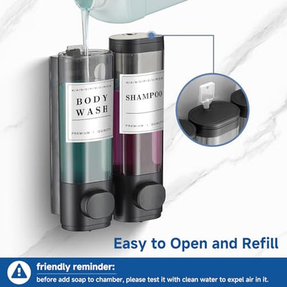 Shampoo and Conditioner Dispenser Shower Dispenser Body Wash Wall Mounted Shampoo Dispenser for Shower Wall No Drill for Bathroom Hotel 2 Chamber x 300ml Black with Waterproof Labels - color: Black 2