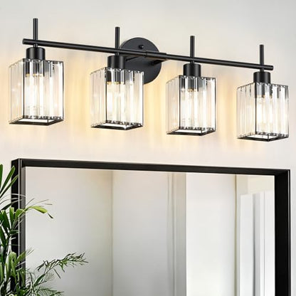 Black Bathroom Light Fixtures, Square, 4-Light | Vanity Lights with Crystal Shades, Modern Bathroom Lighting Fixtures over Mirror (Bulbs Not Included, E26) - color: Black (Square), size: 4-Light