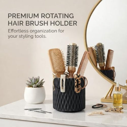 Black Makeup Brush Holder, 360° Rotating Makeup Organizer | 5-slot spinning vanity countertop caddy for makeup brushes, lipstick, hair brush & pens — bathroom, dorm & office - style: Black