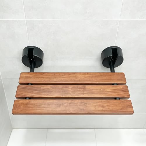 DIYHD 20" Burmese Teak Wood Wall Mounted Folding Shower Bench, Black | Premium Solid Teak Wood with Stainless Steel Bars, 330 lbs Capacity, 14” W x 20” D, Fits 16” Stud Spacing - size: 20"-Black