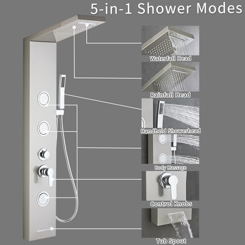 5-In-1Shower Panel Tower System-Brushed Gray | 304 stainless steel Shower Panel Column Tower With Powerful Body Jets,Body Spray,Rainfall,Waterfall,Handheld And Tub Spout - color: Gray