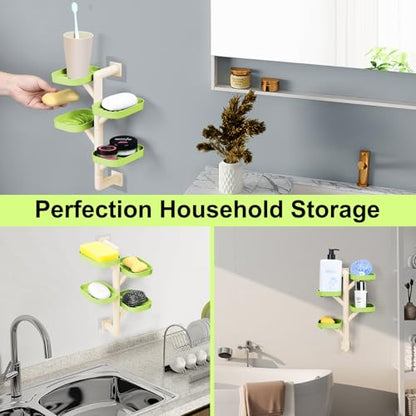 Soap Holder Four Layer Wall Mounted NO-Drilling Rotatable Self-draining Removable Soap Dish for Shower Bathroom Tray,Self Draining Sponge Holder,Razor Holder (Green/Ecru) - color: Green/Ecru