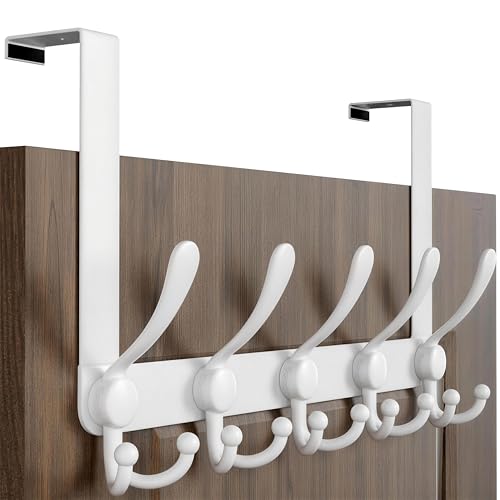 Over Door Hook 2.0 - Upgraded Version - Simple-Assembly, Strong, Heavy-Duty Stainless Steel 5-Tri-Hook Over the Door Hanger Rack, SimpleStrong Series, White - color: White