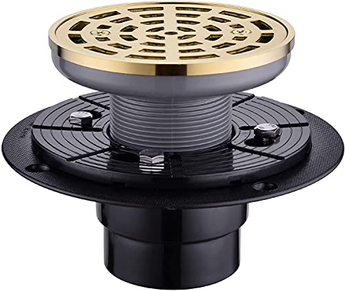 RANDOM Round Shower Drain SUS304 Stainless Steel Brushed Gold Shower Drain 4 inch with Adjustable PVC Base Flange,Shower Floor Drain with Removable Cover Grid Grate - color: A-brushed Gold-4″ Round With Base Flange