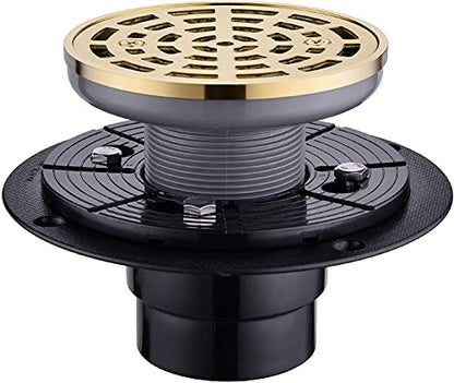 RANDOM Round Shower Drain SUS304 Stainless Steel Brushed Gold Shower Drain 4 inch with Adjustable PVC Base Flange,Shower Floor Drain with Removable Cover Grid Grate - color: A-brushed Gold-4″ Round With Base Flange