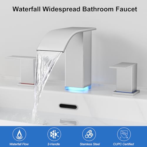 RUMOSE LED Bathroom Faucets Set 3 Hole Vanity Faucet with Pop Up Drain | Brushed Nickel Bathroom Sink Faucet, Widespread Waterfall, 3 Colors Light Changing, Stainless Steel, Deck Mounted - color: Brushed Nickel