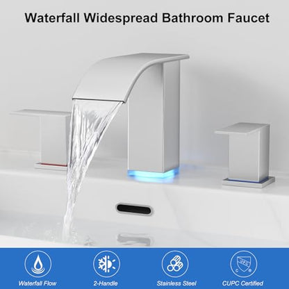 RUMOSE LED Bathroom Faucets Set 3 Hole Vanity Faucet with Pop Up Drain | Brushed Nickel Bathroom Sink Faucet, Widespread Waterfall, 3 Colors Light Changing, Stainless Steel, Deck Mounted - color: Brushed Nickel