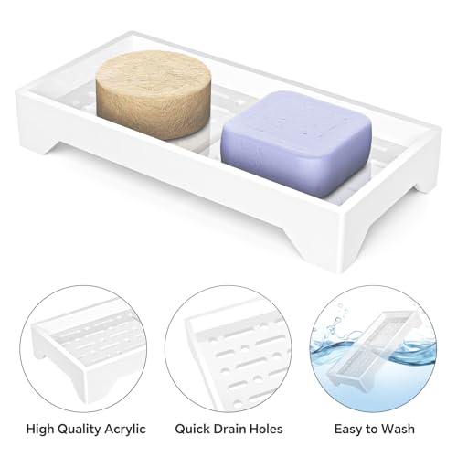 NiHome Self Draining Acrylic Soap Dish Fit for Kitsch, Durable Bathroom & Kitchen Soap Holder with 360° Airflow, Elegant Slotted Design to Keep Soap Bars Dry & Free from Residue, Easy to Clean (White) - color: White