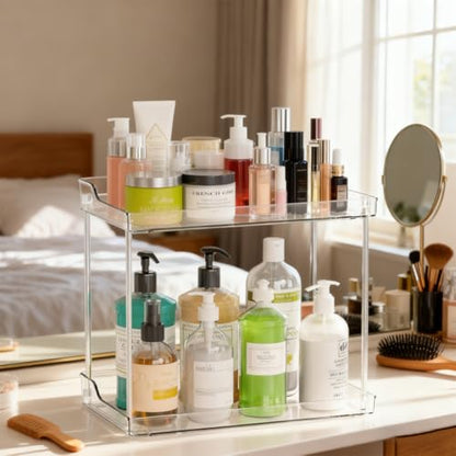 2 Tier Acrylic Bathroom Organizer Countertop Vanity Tray | Clear Corner Makeup Storage Counter, Perfume Holder, Bedroom Kitchen Living Room Space Saving Storage Solution