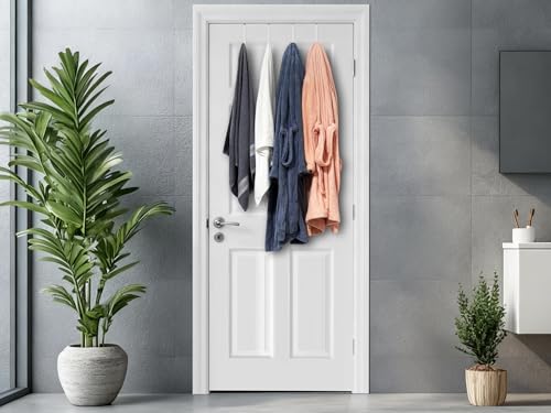 Single Over Door Steel Hooks 6 Pack Fit 1-3/8" Door 5.5" White | Plastic Coated Rubber Feel Towel Rack Robe Coat Shoe Wreath Hanger No Damage No Scratch for Bathroom Heavy Duty Thin Top