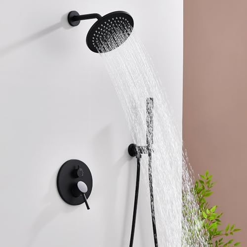 Shower System, All Metal Black Shower Faucet Set, Matte Black | 8" Rainfall Shower Head and Handheld Spray Combo, Round Shower Head and Handle Set with Valve and Trim Kit - color: Matte Black