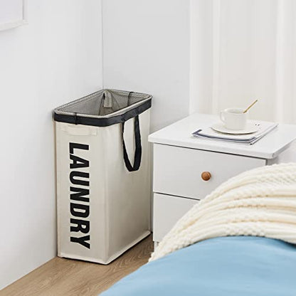 Slim Laundry Hamper with Removable Inner Bag and Side Handles, 45L Small Laundry Baskets to Store Clothes, Narrow Dirty Clothes Hamper for Laundry Room, Bathroom, Bedroom, and Living Room - Beige | Small Laundry Baskets with Mesh Top, Narrow Dirty Clothes