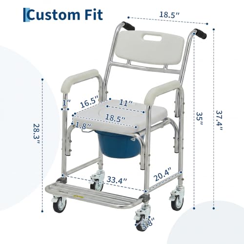 Bedside Commode Chair with Wheels, 350 lb Capacity, 4-in-1 Rolling Shower Chair, Portable Commode Toilet, Raised Toilet Seat with Padded Seat, Backrest & Flip-Up Footrest, Detachable 5L Bucket - size: Commode Chair with Wheels