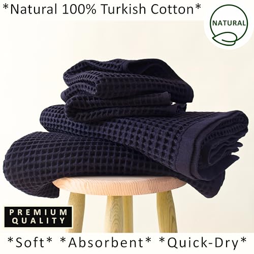 PÜSKÜL Natural 100% Turkish Cotton Waffle Towels Set of 4-Piece, Black | 2-Bath sheet (Extra-large 32x63") and 2-Hand towel (Large 32x16"). Premium honeycomb-waffle weave, oeko-tex made in Turkiye. - color: Black